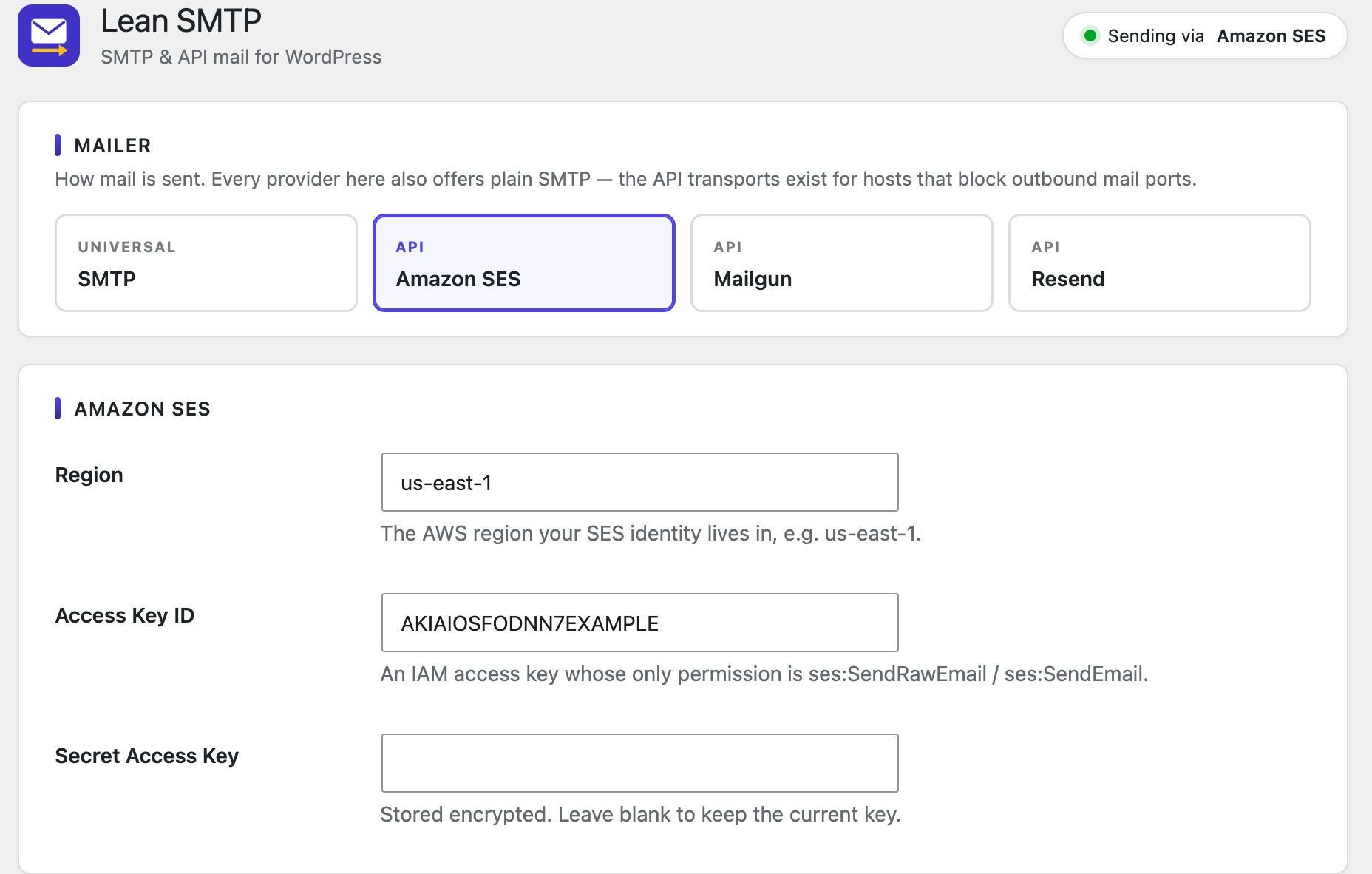 Amazon SES settings: region and IAM access key; the secret key is stored encrypted and never shown.