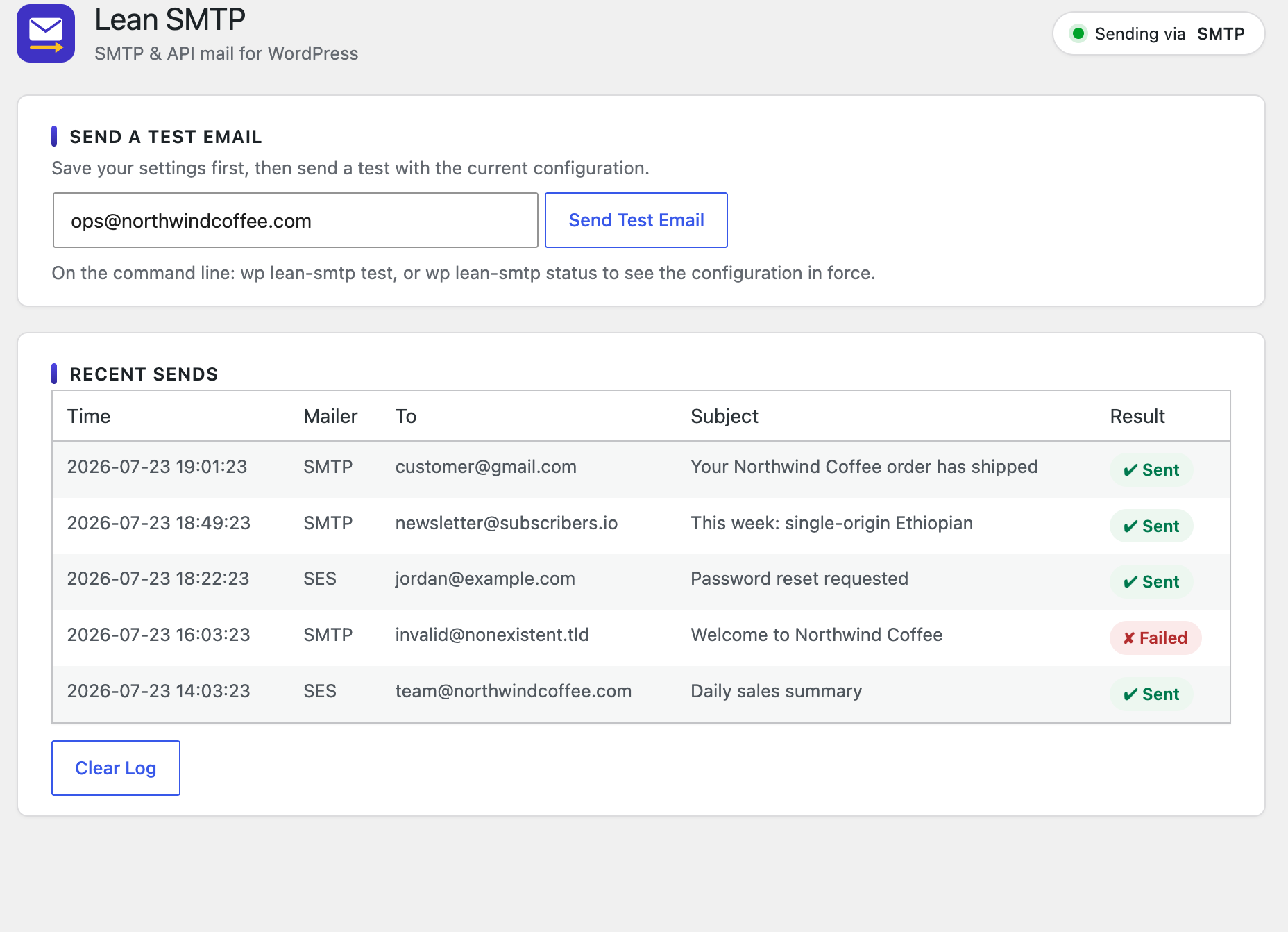 Send a test email, and a log of recent sends with time, mailer, recipient, subject and result.